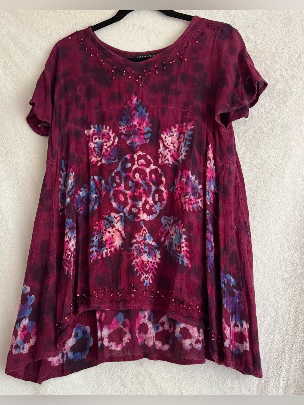 PurplePink & Blue Tie-dye Short Sleeve Tunic Boho Top by GreaterGood Network S/M